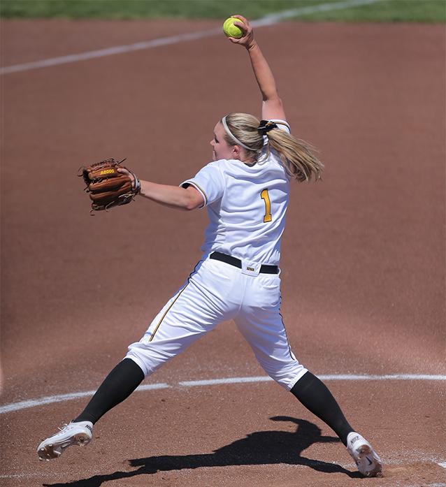 Iowa pitcher Elizabeth Wiegand throws a pitch during game three of the Iowa-Purdue series at Bob Pearl Field on Sunday, April 3, 2013. The Hawkeyes won over the Boilermakers, 10-3. (The Daily Iowan/Margaret Kispert)