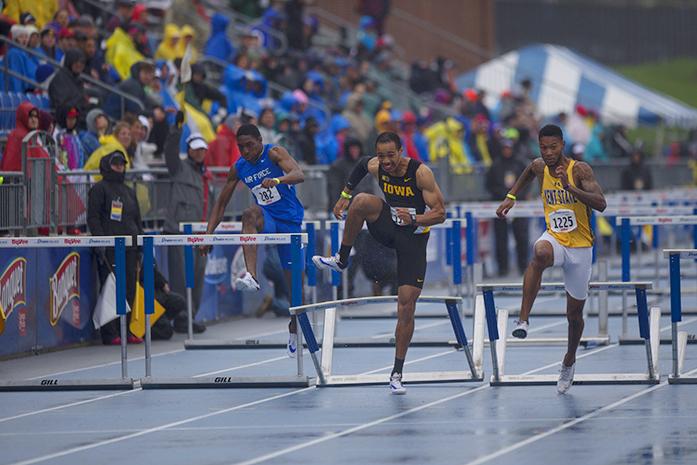 Iowa's Aaron Mallett makes it over the final hurdle in the 110 meter hurdles during the 2016 Drake Relays on Saturday, April 30, 2016. Mallett finsihed in third place with a time of 13.58. (The Daily Iowan/Brooklynn Kascel)