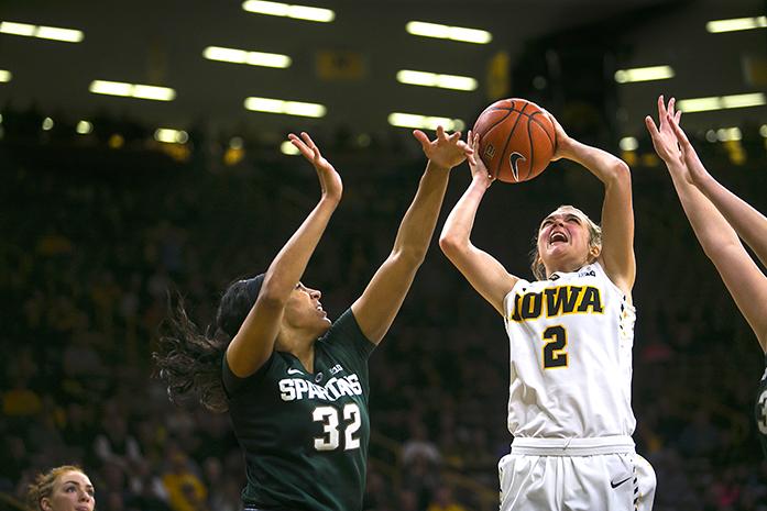 Iowa guard Ally Disterhoft during a women's basketball game in Carver-Hawkeye Arena on Thursday, Feb. 9, 2017. The Hawkeyes defeated the Spartans, 87-83 in OT. (The Daily Iowan/Joseph Cress)