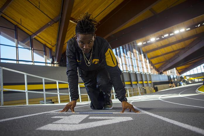 Iowa's Emmanuel Ogwo poses during a track/field practice in the Iowa Recreation building on Wednesday, Feb. 15, 2017. Ogwo formerly was a wide receiver on the football team prior to deciding on exclusively running track. (The Daily Iowan/Joseph Cress)