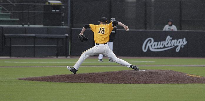 Iowa pitcher Shane Ritter winds up for the pitch at Duane Banks Field on Wednesday, April 6, 2016. The Hawkeyes only allowed 2 hits as they went on to beat the Panthers 9-1. (The Daily Iowan/ Alex Kroeze)