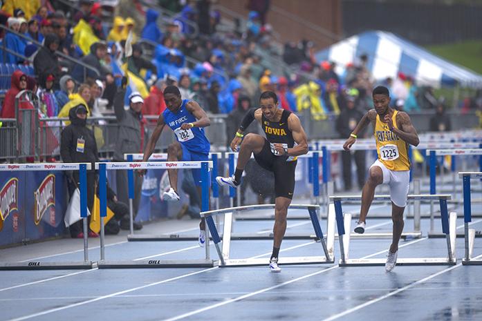 Iowas Aaron Mallett makes it over the final hurdle in the 110 meter hurdles during the 2016 Drake Relays on Saturday, April 30, 2016. Mallett finsihed in third place with a time of 13.58. (The Daily Iowan/Brooklynn Kascel)