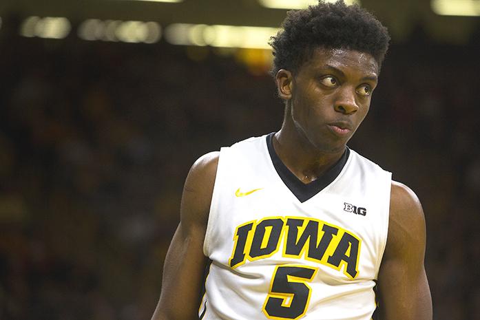 Iowa forward Tyler Cook reacts after getting fouled during a mens basketball game against Indiana in Carver-Hawkeye Arena on Tuesday, Feb. 21, 2017. The Hawkeyes defeated the Hoosiers, 96-90. (The Daily Iowan/Joseph Cress)