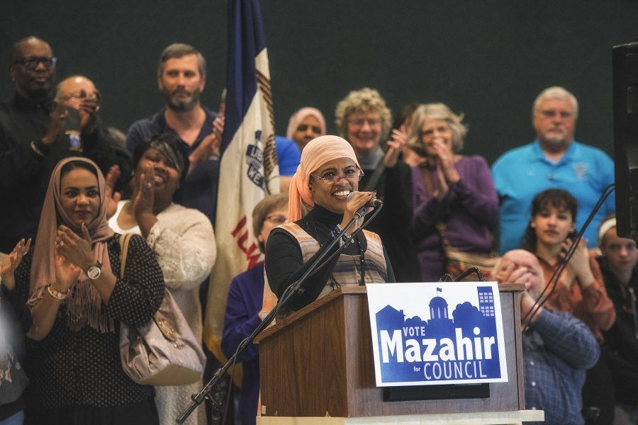 Iowa City resident Mazahir Salih, president of the Eastern Iowa Center for Worker Justice, announces her candidacy for city council at the Robert A. Lee Recreation Center on Monday, March 6, 2017. (The Daily Iowan/James Year)
