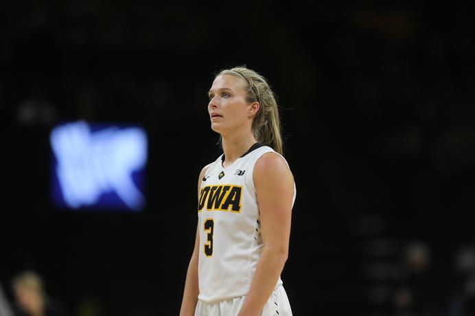 Iowa guard Makenzie Meyer looks on at free throw attempts during the Colorado vs. Iowa meeting in Iowa City at Carver Hawkeye on Thursday, March 23, 2017. The Hawkeyes went on to defeat the Buffaloes 80-62 in the third round of the Women's National Invitation Tournament. (The Daily Iowan/ Alex Kroeze)