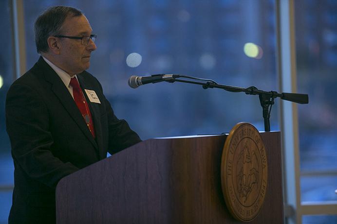 Tom Rocklin, former UI vice president for student life, speaks during a farewell reception for Provost Barry Butler in the Stanley Cafe of Hancher Auditorium on Wednesday, March 1, 2017. (The Daily Iowan/Joseph Cress)