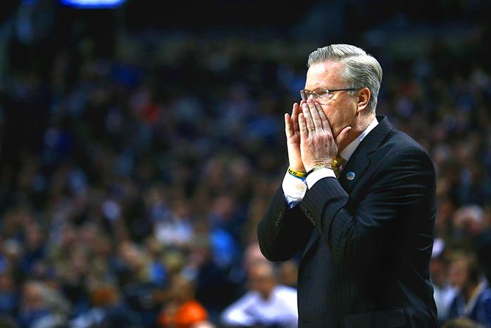 Iowa Hawkeyes head coach Fran McCaffery shouts a play from the sideline during the game against the Villanova Wildcats in the Barclays Center on Sunday, March 20, 2016 in Brooklyn, New York. The Wildcats defeated the Hawkeyes, 87-68. (The Daily Iowan/Joshua Housing)