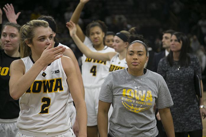 Iowa guard Ally Disterhoft waves to fans after a women's basketball game between Iowa and Maryland in Carver-Hawkeye Arena on Saturday, Jan. 14, 2017. (The Daily Iowan/Joseph Cress)