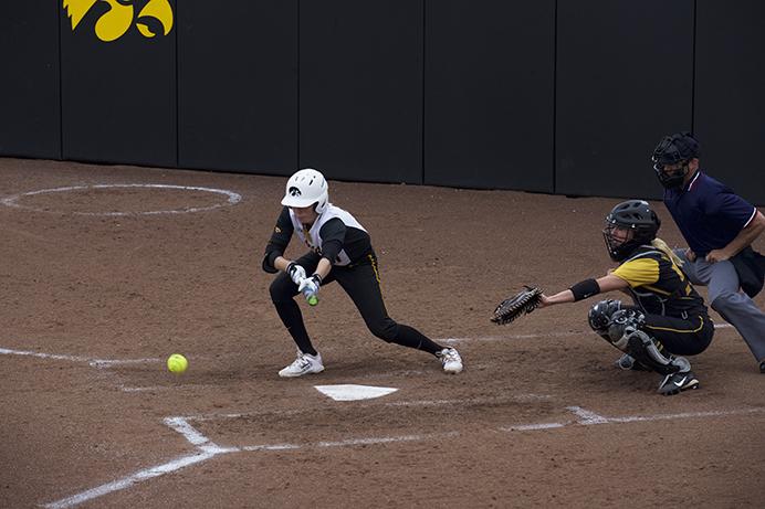 Infielder Kaitlyn Mullarkey hits the ball during the second game of the doubleheader against Missouri at Bob Pearl field on Tuesday, April 19, 2016. The Tigers defeated the Hawkeyes 11-4. (The Daily Iowan/Tawny Schmit)