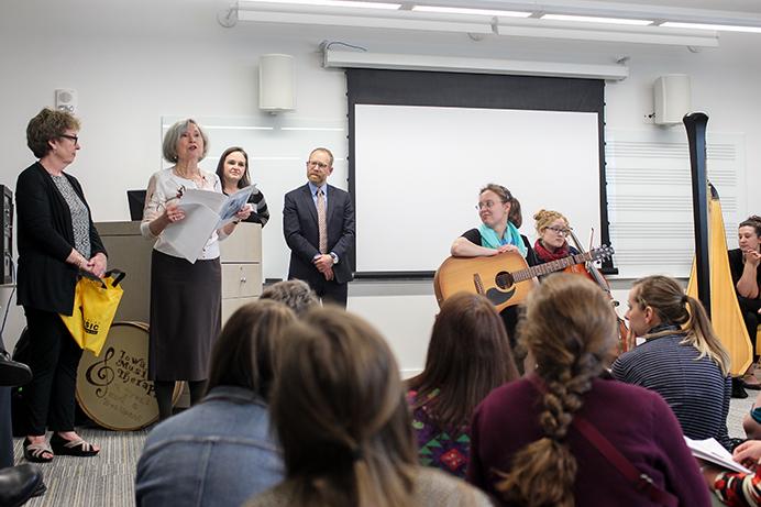 Dr. Kate Gfeller welcomes special guests during the Music Therapy at Iowa: Yesterday, Today and Tomorrow conference in the Voxman Music Building in Iowa City, Iowa on Saturday, April 1, 2017. Iowa celebrated the 40th anniversary of its music therapy program. (The Daily Iowan/Anthony Vazquez)