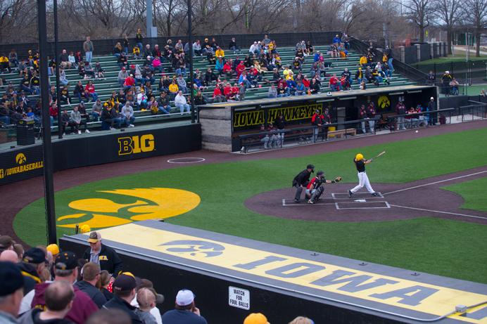 An Iowa player bats during the Iowa-UNLV baseball game at Duane Banks Field on Saturday, Apr. 1, 2017. The Hawkeyes defeated the Rebels, 6-5. (The Daily Iowan/Lily Smith)