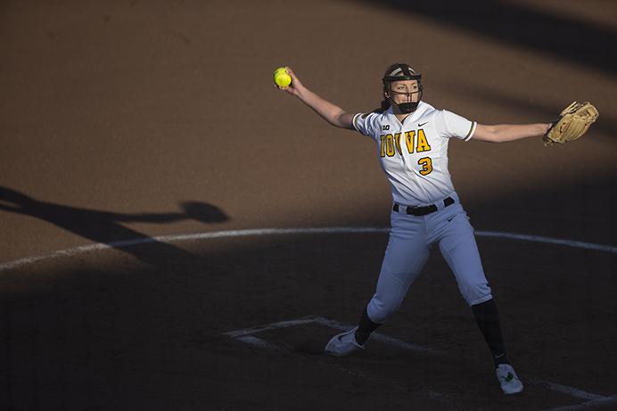 Iowa pitcher Allison Doocy winds up during a softball game against Valparaiso at Bob Pearl Field in Iowa City on Friday, March 17, 2017. The Hawkeyes defeated the Crusaders, 3-0. (The Daily Iowan/Joseph Cress)