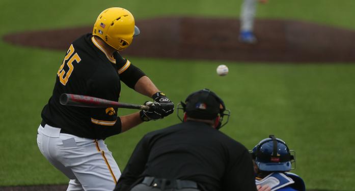 Iowa+first+baseman+Jake+Adams+swings+at+a+pitch+during+the+game+between+South+Dakota+State%2FIowa+at+Duane+Banks+Field+on+Tuesday%2C+April+4%2C+2017.+The+Hawkeyes+scored+two+runs+in+the+bottom+of+the+seventh+to+top+the+Jackrabbits+4-3.+%28The+Daily+Iowan%2F+Alex+Kroeze%29