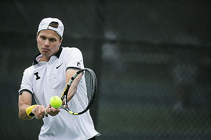 Iowa senior, Robin Haden, returns the ball during the match against Penn State at Klotz Outdoor Tennis Courts on Sunday, Apr. 2, 2017. The Nittany Lions defeated the Hawkeyes 4-3. (The Daily Iowan/Ben Smith)