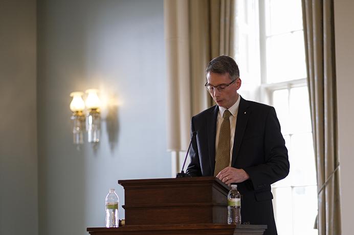 Incoming President of the Faculty Senate Peter Snyder adresses the Senate on April 25, 2017. Snyder, a cardiology prefessor, will serve as Senate president for the 2017-18 academic year. (The Daily Iowan/Nick Rohlman)