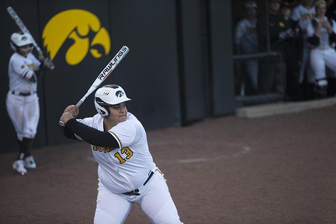 Iowa catcher Devin Cantu waits for a pitch during a softball game against Valparaiso at Bob Pearl Field in Iowa City on Friday, March 17, 2017. The Hawkeyes defeated the Crusaders, 3-0. (The Daily Iowan/Joseph Cress)