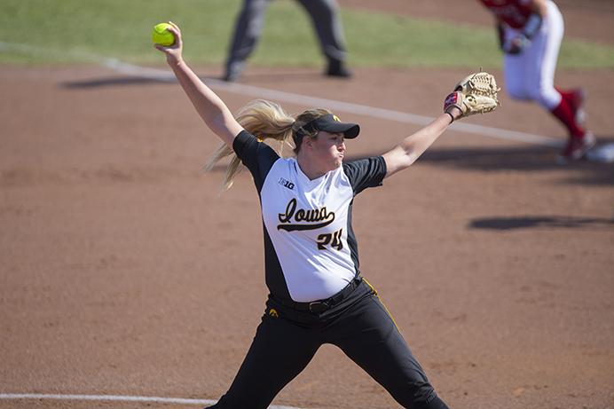 Iowa pitches Shayla Starkenburg pitches during the Iowa/South Dakota softball game at Bob Pearl field on Monday, Mar 20, 2017. The Hawkeyes defeated the Coyotes, 1-0. (The Daily Iowan/Lily Smith)