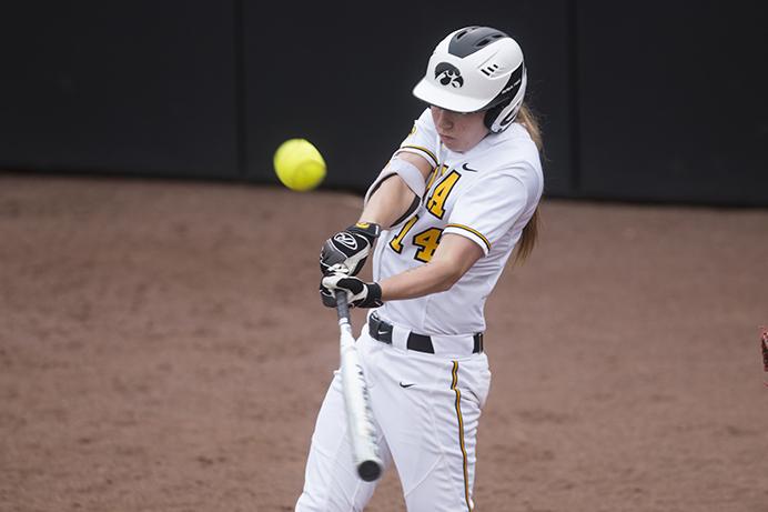 Iowa+first+basemen+Kaitlyn+Mullarkey+hits+the+game+winning+double+during+the+first+game+of+a+double+header+against+Nebraska+at+Bob+Pearl+on+Wednesday%2C+April+12%2C+2017.+The+Hawkeyes+took+the+first+game%2C+4-3%2C+over+the+Cornhusckers.+%28The+Daily+Iowan%2FJoseph+Cress%29