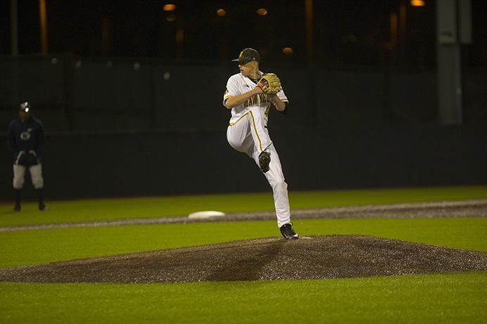 Iowa's Ryan Erickson pitches during game two of the Iowa-Penn State baseball series at Duane Banks Field on Friday, April 28, 2017. The Hawkeyes swept the rain delayed, late night double header, 4-2 and 8-2, respectively. (The Daily Iowan/Lily Smith)