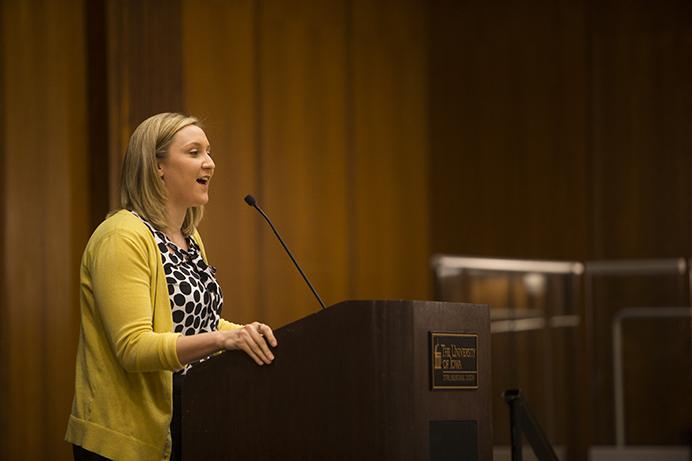 Former UISG President Rachel Zuckerman speaks during a farewell reception for vice president for student life Tom Rocklin on Tuesday, May, 2, 2017. (The Daily Iowan/Joseph Cress)