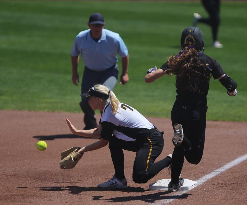 Northwestern outfielder Sabrina Rabin beats the throw to first during the game between Iowa/Northwestern at Pearl Field on Sunday, May 7, 2017. On Iowas senior day they fell to the Wildcats 5-2. (The Daily Iowan/ Alex Kroeze)