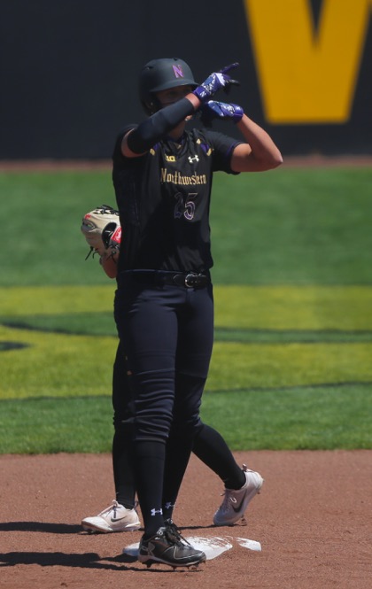 Northwestern outfielder Anna Petersen celebrates on second base during the game between Iowa/Northwestern at Pearl Field on Sunday, May 7, 2017. On Iowas senior day they fell to the Wildcats 5-2. (The Daily Iowan/ Alex Kroeze)