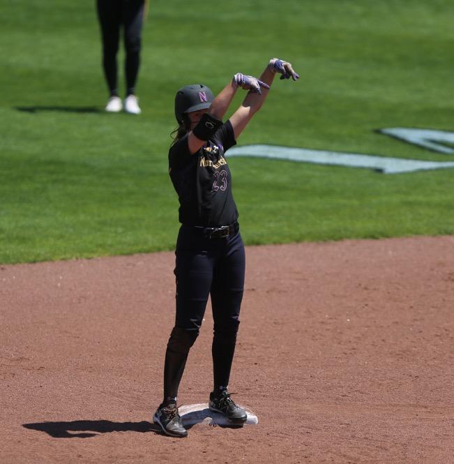Northwestern outfielder Krista Williams celebrates on second base during the game between Iowa/Northwestern at Pearl Field on Sunday, May 7, 2017. On Iowas senior day they fell to the Wildcats 5-2. (The Daily Iowan/ Alex Kroeze)