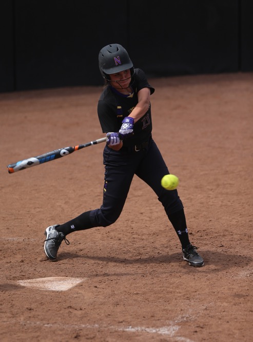 Northwestern outfielder Krista Williams swings at a pitch during the game between Iowa/Northwestern at Pearl Field on Sunday, May 7, 2017. On Iowas senior day they fell to the Wildcats 5-2. (The Daily Iowan/ Alex Kroeze)
