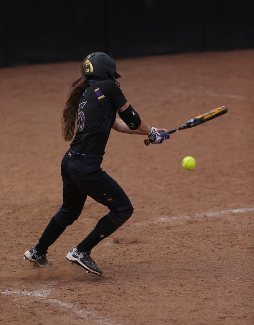 Northwestern outfielder Sabrina Rabin hits the ball down the third base line for a hit during the game between Iowa/Northwestern at Pearl Field on Sunday, May 7, 2017. On Iowas senior day they fell to the Wildcats 5-2. (The Daily Iowan/ Alex Kroeze)