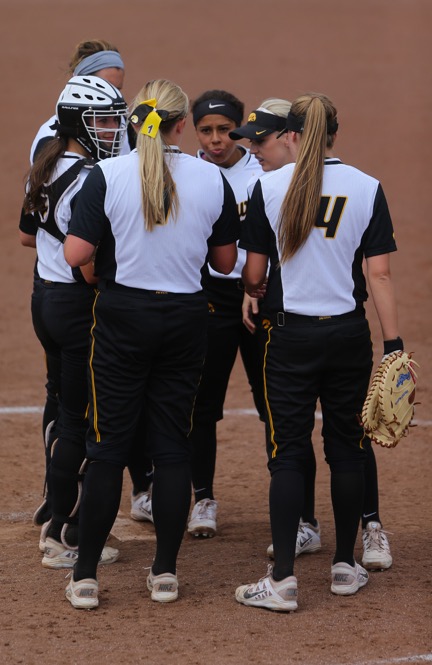 The Hawkeyes have a mound visit during the game between Iowa/Northwestern at Pearl Field on Sunday, May 7, 2017. On Iowas senior day they fell to the Wildcats 5-2. (The Daily Iowan/ Alex Kroeze)