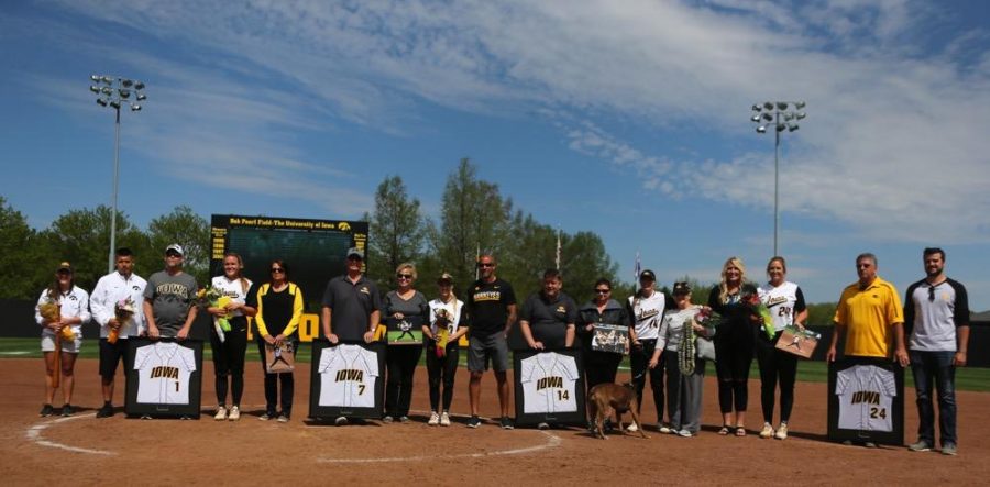 The Iowa seniors lineup with their families after the game between Iowa/Northwestern at Pearl Field on Sunday, May 7, 2017. On Iowas senior day they fell to the Wildcats 5-2. (The Daily Iowan/ Alex Kroeze)