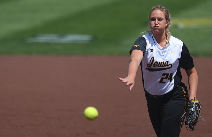 Iowa pitcher Shayla Starkenburg pitches the ball during game three of the Iowa-Minnesota game at Bob Pearl Field on Sunday, May 8, 2016. The Hawkeyes lost to the Golden Gophers, 12-0 in five innings. (The Daily Iowan/Margaret Kispert)