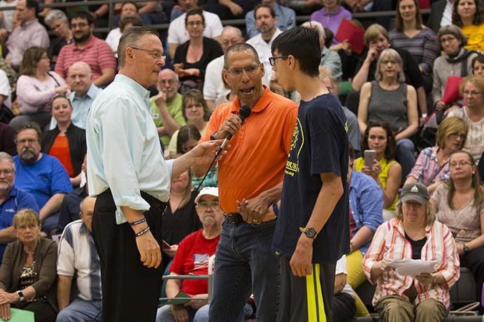 Iowa Republican Rep. Rod Blum listens to Dale Todd, of Cedar Rapids, while he speaks during an event in Johnson Hall on the Kirkwood main campus in Cedar Rapids on Tuesday, May, 9, 2017. Todds son, Adam, has a disability and asked Blum about his intentions to cut Medicare funding related to his sons condition. Blum fielded questions from constituents and crowd members. Earlier in the week Blum walked out of ABC affiliate KCRG-TVs interview prior to a town hall, sparking national headlines. (The Daily Iowan/Joseph Cress)