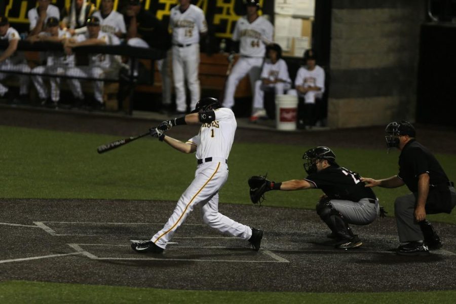 Iowa infielder Mason McCoy hits a walk off single during the game between Omaha-Iowa at Duane Banks Field on Tuesday, May 16, 2017. The Hawkeyes pull off another comeback win with three runs in the 8th inning and two runs in the 9th inning for the 9-8 victory. (The Daily Iowan/ Alex Kroeze)