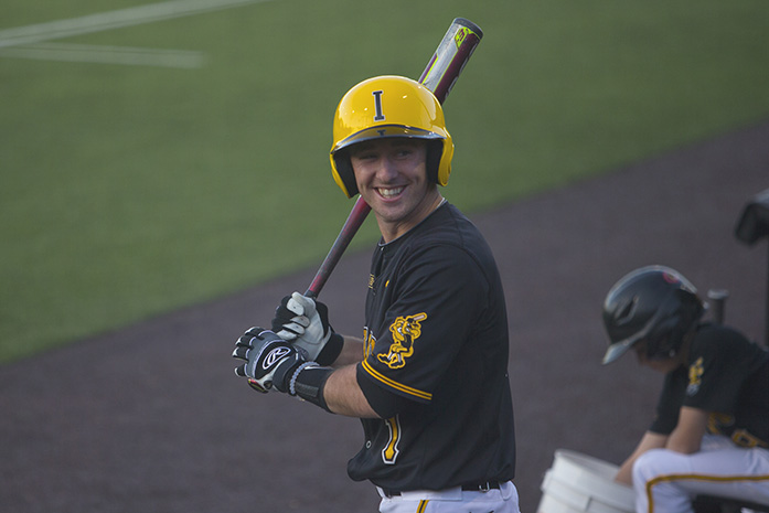 Iowa's Mason McCoy smiles to the crowd during the Iowa-Rutgers baseball game at Duane Banks Field on Saturday, April 22, 2017. The Hawkeyes fell to the Scarlet Knights in the second game of the series, 5-3. (The Daily Iowan/Lily Smith)