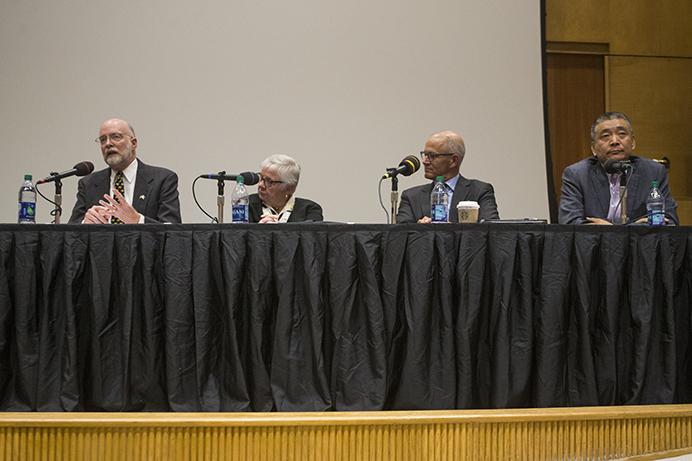 A+panel+of+China+experts+and+former+ambassadors+speak+in+Shambaugh+Auditorium+on+Wednesday%2C+May+3.+The+group+talked+about+Gov.+Terry+Branstads+future+role+in+the+Trump+Administration+as+Ambassador+to+China.+%28The+Daily+Iowan%2FBen+Smith%29