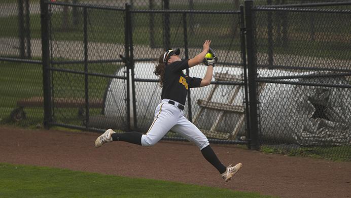 Iowa outfielder Angela Schmiederer gets an out during the Iowa-Iowa State softball game at Bob Pearl Field on Tuesday, April 18, 2017. The Hawkeyes defeated the Cyclones, 2-1, winning the final game of the Cy-Hawk series for the year. (The Daily Iowan/Joseph Cress)