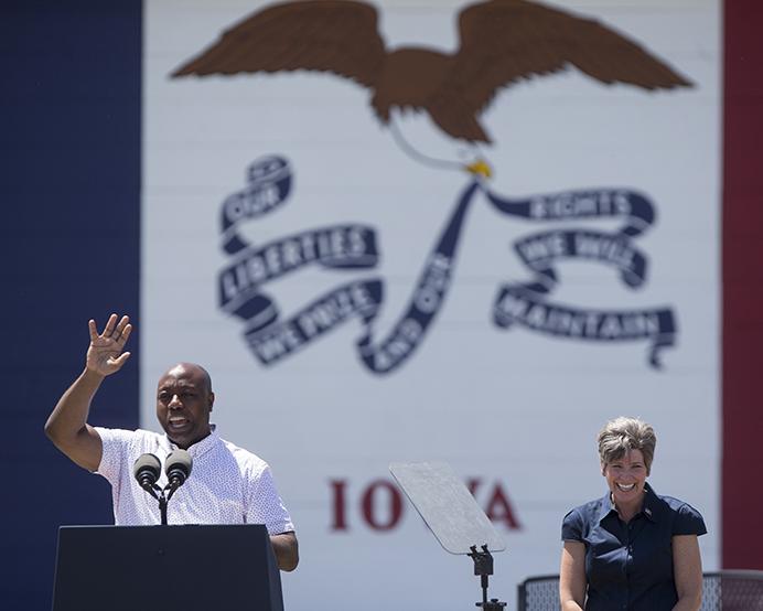 Senator Tim Scott speaks during Joni Ernst's third annual Roast and Ride event in Boone, Iowa, on Saturday, June 3, 2017. Guests included Vice President Mike Pence; Sen. Tim Scott, R-S.C.; Sen. Chuck Grassley, R-Iowa; Iowa Gov. Kim Reynolds; and Rep. Steve King, R-Iowa. (The Daily Iowan/Nick Rohlman)