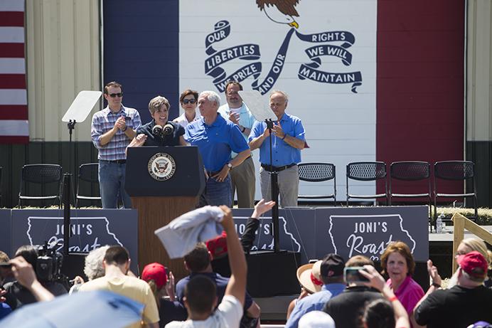 Senator Joni Ernst introduces Vice President Mike Pence during the third annual Roast and Ride event in Boone, Iowa, on Saturday, June 3, 2017. Guests included Vice President Mike Pence; Sen. Tim Scott, R-S.C.; Sen. Chuck Grassley, R-Iowa; Iowa Gov. Kim Reynolds; and Rep. Steve King, R-Iowa. (The Daily Iowan/Nick Rohlman)