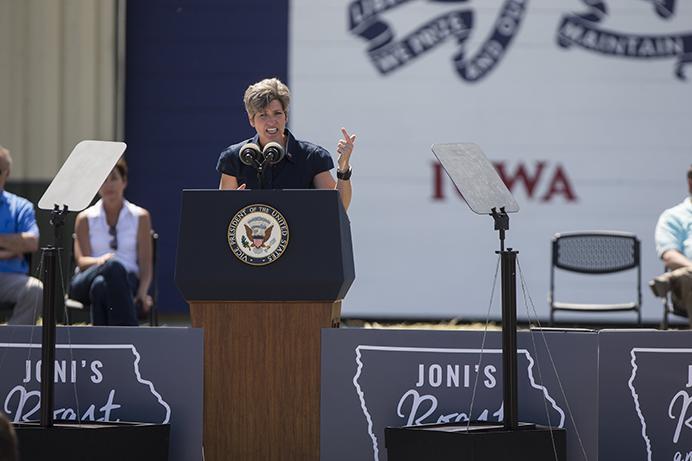 Senator Joni Ernst speaks during the third annual Roast and Ride event in Boone, Iowa, on Saturday, June 3, 2017. Guests included Vice President Mike Pence; Sen. Tim Scott, R-S.C.; Sen. Chuck Grassley, R-Iowa; Iowa Gov. Kim Reynolds; and Rep. Steve King, R-Iowa. (The Daily Iowan/Nick Rohlman)