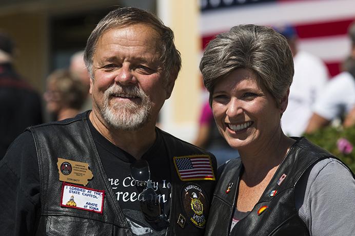 Sen. Joni Ernst, R-Iowa, takes a photo with a constituent during the third annual Roast and Ride event in Boone, Iowa, on Saturday, June 3, 2017. Guests included Vice President Mike Pence; Sen. Tim Scott, R-S.C.; Sen. Chuck Grassley, R-Iowa; Iowa Gov. Kim Reynolds; and Rep. Steve King, R-Iowa. (The Daily Iowan/Joseph Cress)