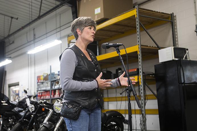 Sen. Joni Ernst, R-Iowa, speaks with members of the media during the third annual Roast and Ride event in Boone, Iowa, on Saturday, June 3, 2017. Guests included Vice President Mike Pence; Sen. Tim Scott, R-S.C.; Sen. Chuck Grassley, R-Iowa; Iowa Gov. Kim Reynolds; and Rep. Steve King, R-Iowa. (The Daily Iowan/Joseph Cress)