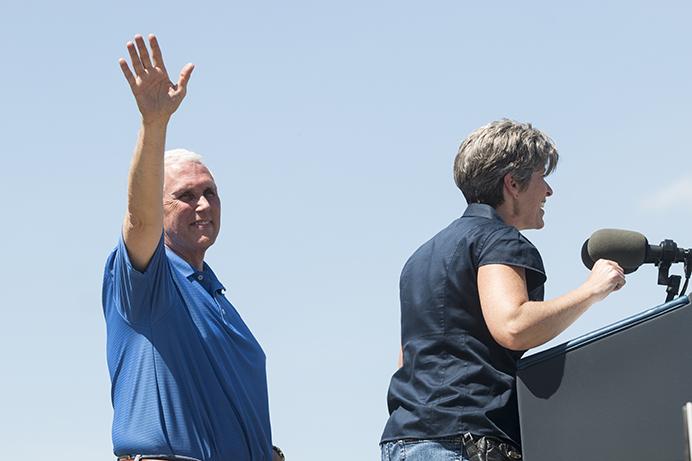 Sen. Joni Ernst, R-Iowa, introduces Vice President Mike Pence during the third annual Roast and Ride event in Boone, Iowa, on Saturday, June 3, 2017. Guests included Vice President Mike Pence; Sen. Tim Scott, R-S.C.; Sen. Chuck Grassley, R-Iowa; Iowa Gov. Kim Reynolds; and Rep. Steve King, R-Iowa. (The Daily Iowan/Joseph Cress)