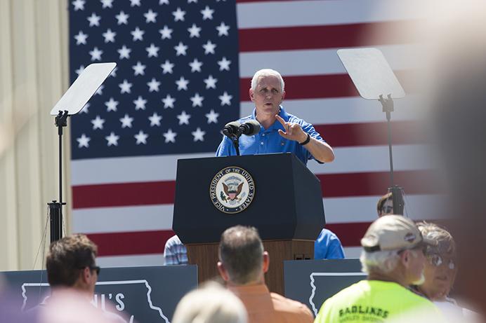 Vice President Mike Pence speaks during Joni Ernsts third annual Roast and Ride event in Boone, Iowa, on Saturday, June 3, 2017. Guests included Vice President Mike Pence; Sen. Tim Scott, R-S.C.; Sen. Chuck Grassley, R-Iowa; Iowa Gov. Kim Reynolds; and Rep. Steve King, R-Iowa. (The Daily Iowan/Joseph Cress)
