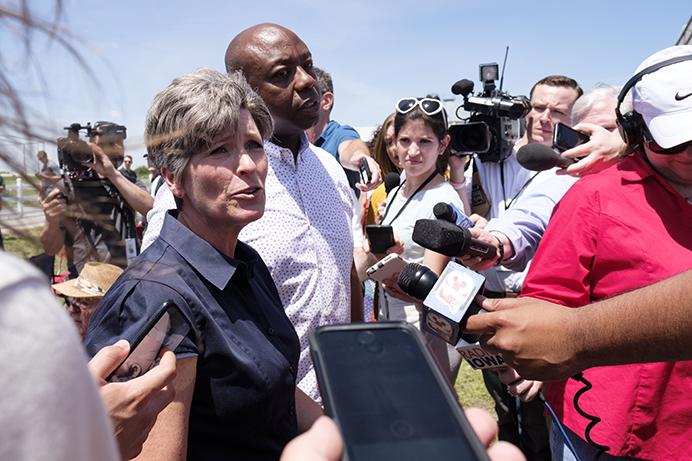 Senators Joni Ernst and Tim Scott address the media during Joni Ernst's third annual Roast and Ride event in Boone, Iowa, on Saturday, June 3, 2017. Guests included Vice President Mike Pence; Sen. Tim Scott, R-S.C.; Sen. Chuck Grassley, R-Iowa; Iowa Gov. Kim Reynolds; and Rep. Steve King, R-Iowa. (The Daily Iowan/Nick Rohlman)