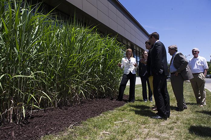 Iowa Gov. Kim Reynolds and Lt. Gov. Adam Gregg listen to information about renewable energy during a visit on the University of Iowa campus to learn about diversifying biomass fuel sources on at the Cambus Maintenance Facility on Wednesday, June, 7, 2017. Iowa Gov. Kim Reynolds and Lt. Gov. Adam Gregg met with University of Iowa President J. Bruce Harreld and other university experts on their visit while discussing the universitys biomass portfolio. (The Daily Iowan/Joseph Cress)