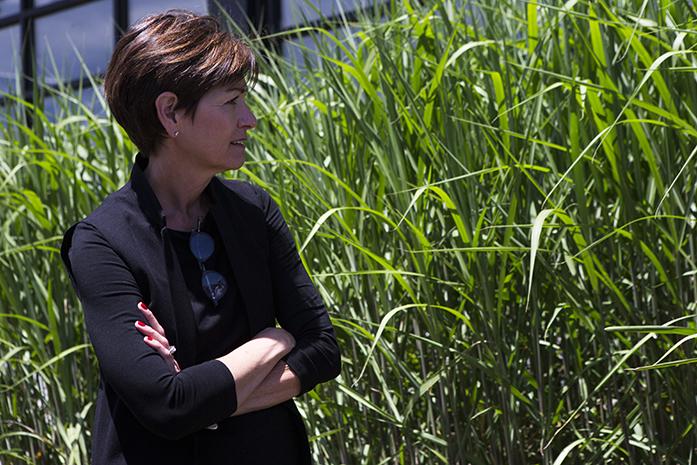 Iowa Gov. Kim Reynolds listen to information about a miscanthus grass during a visit on the University of Iowa campus to learn about diversifying biomass fuel sources on at the Cambus Maintenance Facility on Wednesday, June, 7, 2017. Iowa Gov. Kim Reynolds and Lt. Gov. Adam Gregg met with University of Iowa President J. Bruce Harreld and other university experts on their visit while discussing the universitys biomass portfolio. (The Daily Iowan/Joseph Cress)