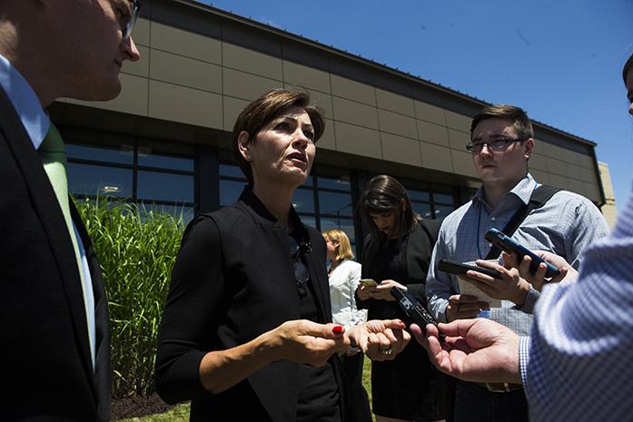 Iowa Gov. Kim Reynolds speaks with members of the media after a visit on the University of Iowa campus to learn about diversifying biomass fuel sources on at the Cambus Maintenance Facility on Wednesday, June, 7, 2017. Iowa Gov. Kim Reynolds and Lt. Gov. Adam Gregg met with University of Iowa President Bruce Harreld and other university experts on their visit while discussing the universitys biomass portfolio. (The Daily Iowan/Joseph Cress)
