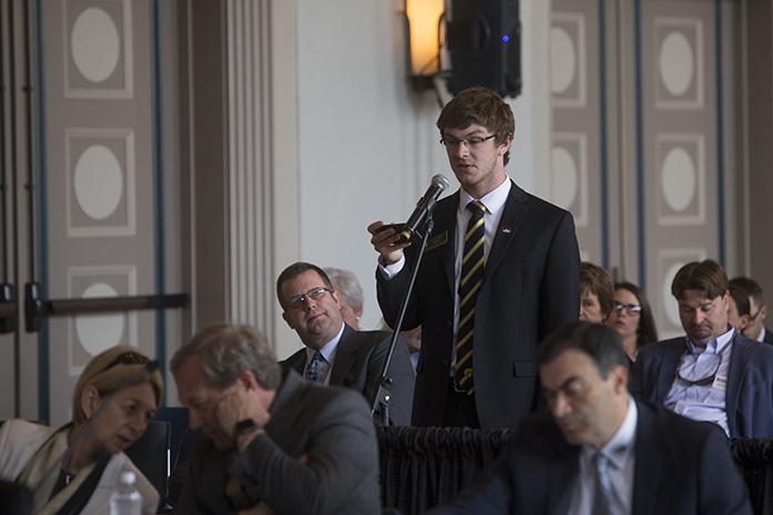 UISG president Jacob Simpson addresses the Iowa Board of Regents on Thursday June 8, 2017. Simpson called for transparency as the Board of Regents debates tuituion increases. (The Daily Iowan/Nick Rohlman)