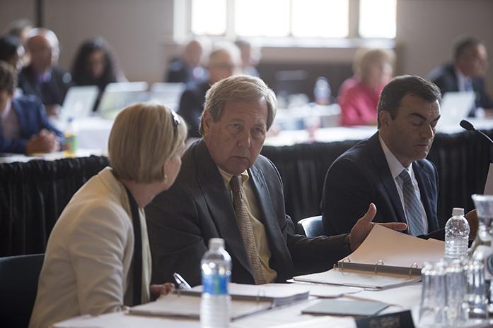 University of Iowa Provost Sue Curry speaks to University President Bruce Harreld during an Iowa Board of Regents Meeting on Thursday June 8, 2017. (The Daily Iowan/Nick Rohlman)